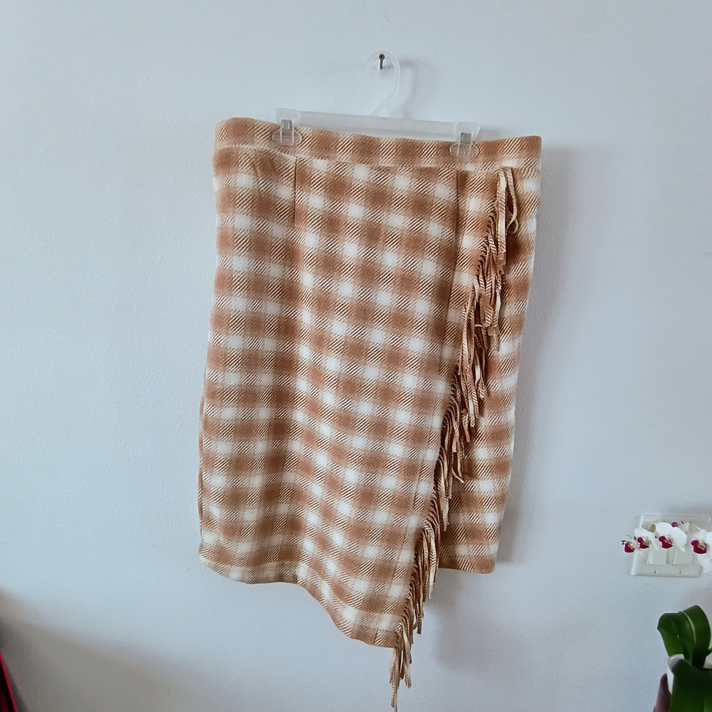 Time and Tru Plaid Fringe Wrap Skirt Beige Tan Cozy Blanket Style XL 16-18